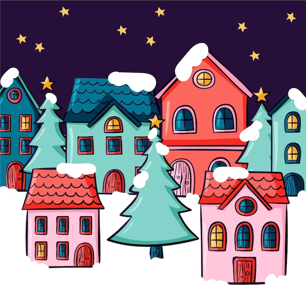 Hand drawn christmas village illustration