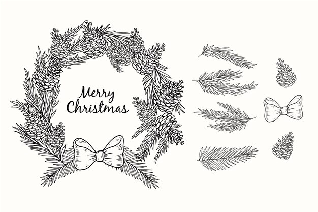 Hand drawn christmas wreath in black and white