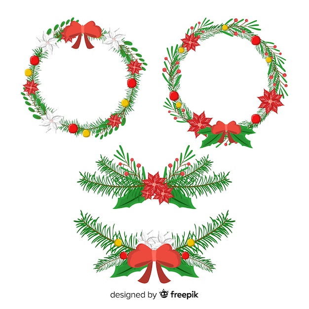 Free Vector hand drawn christmas wreath set with winter floral