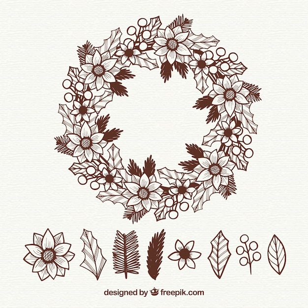 Hand drawn christmas wreath with a set of leaves