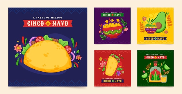 Free Vector hand drawn cinco de mayo celebration instagram posts collection