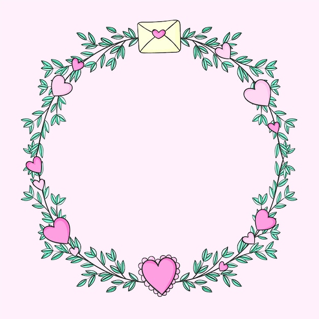 Hand drawn circular frame with pink hearts