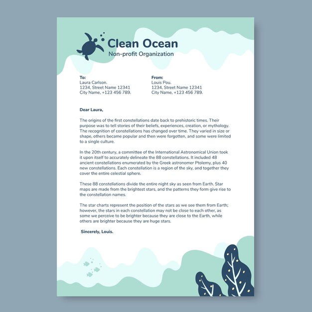 Hand drawn clean ocean non-profit organization letterhead