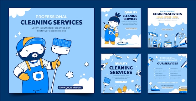 Hand drawn cleaning services instagram post set