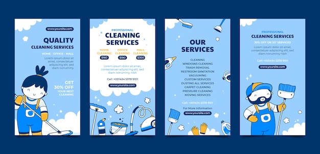 Hand drawn cleaning services instagram stories set