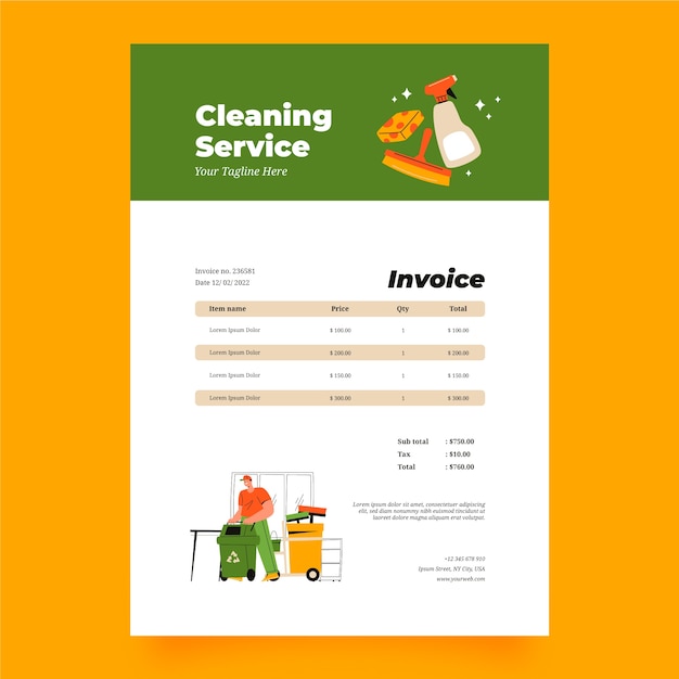 Hand drawn cleaning services invoice