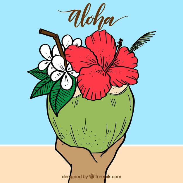 Hand drawn coconut aloha background