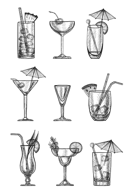 hand drawn collection of cocktails