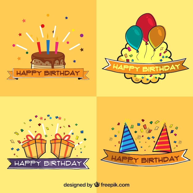 Hand-drawn collection of colored birthday labels