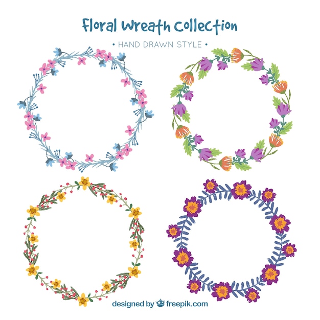 Hand-drawn collection of decorative wreaths with flowers