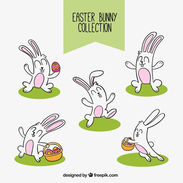 Hand-drawn collection of happy easter rabbits