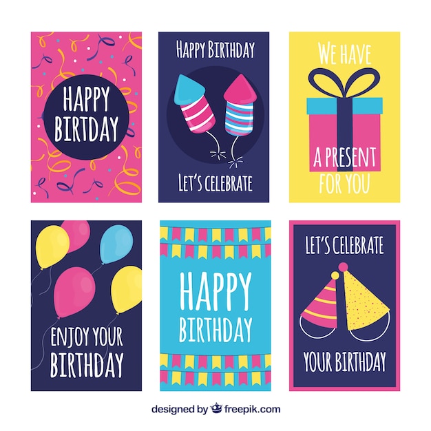 Hand drawn collection of six birthday cards