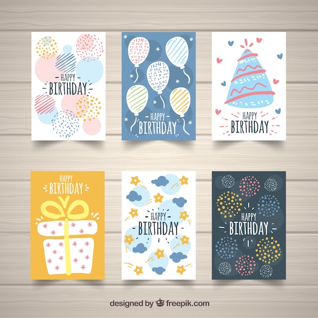 Free Vector hand drawn collection of six birthday cards