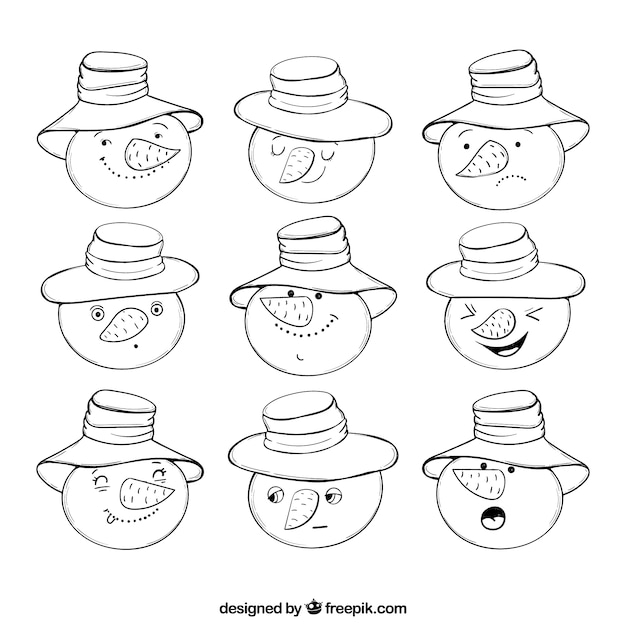 Hand-drawn collection of snowman emoticons