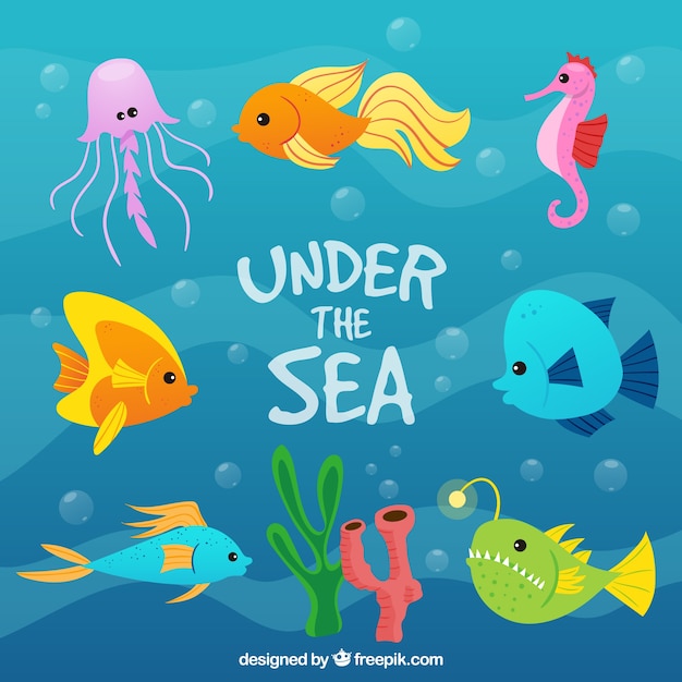 Free Vector hand drawn colored fishes under the sea background 