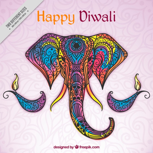 Hand drawn colored ornamental elephant background of happy diwali 