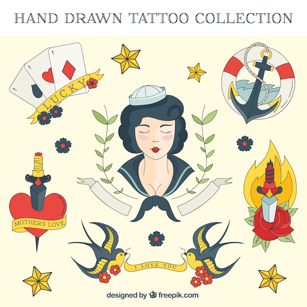 Free Vector hand drawn colored sailor tattoo set 