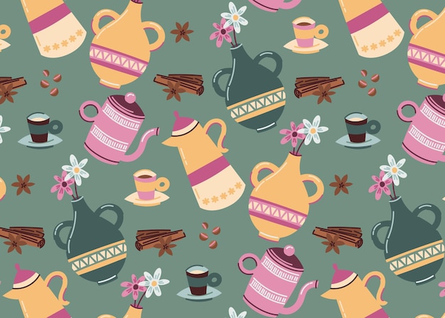 Hand drawn colorful coffee pattern