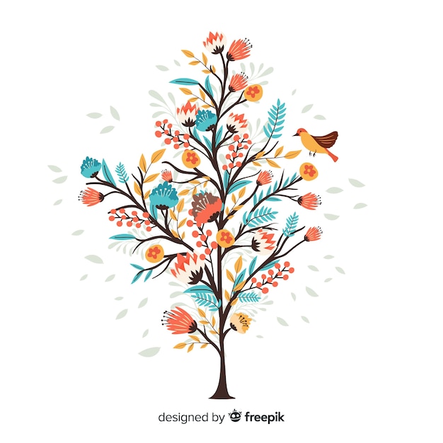 Free vector hand drawn colorful floral branch with little bird