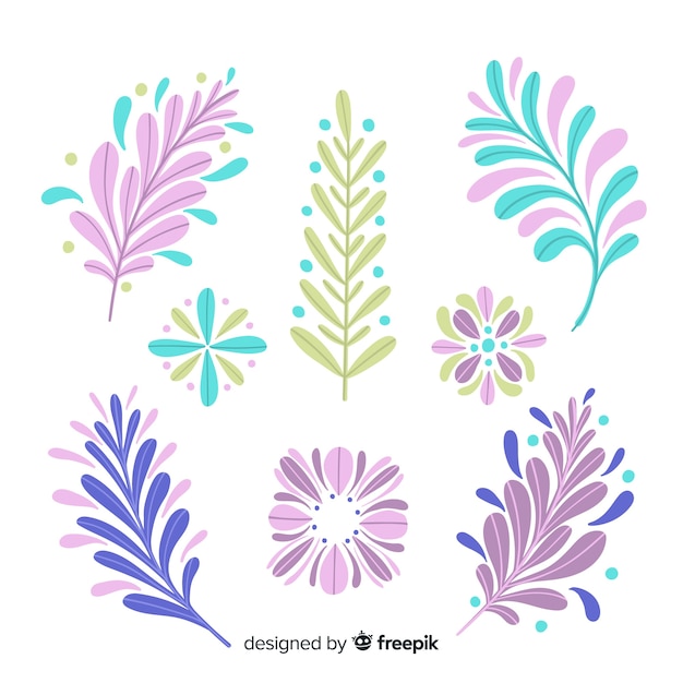 Hand drawn colorful flowers and leaves collection