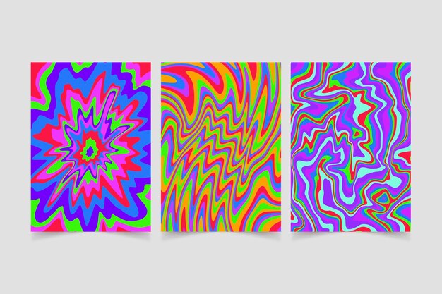 Hand drawn colorful groovy psychedelic covers set