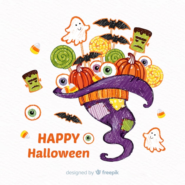 Free Vector hand drawn colorful halloween candy bag background 