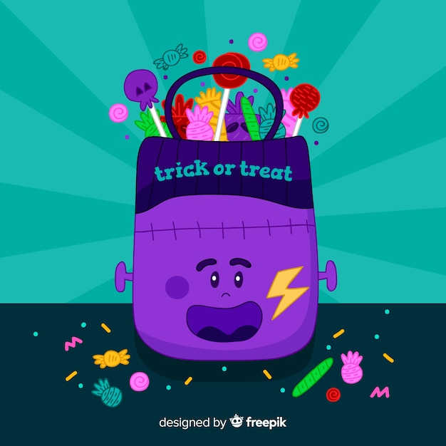 Free Vector hand drawn colorful halloween candy bag background 