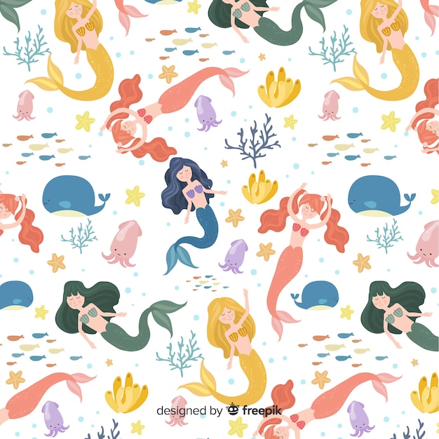 Hand drawn colorful mermaid pattern