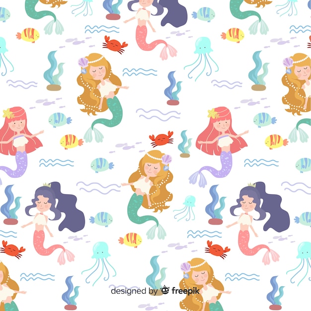 Hand drawn colorful mermaid pattern