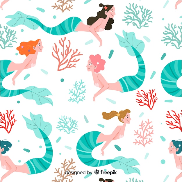 Hand drawn colorful mermaid pattern