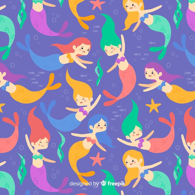 Hand drawn colorful mermaid pattern