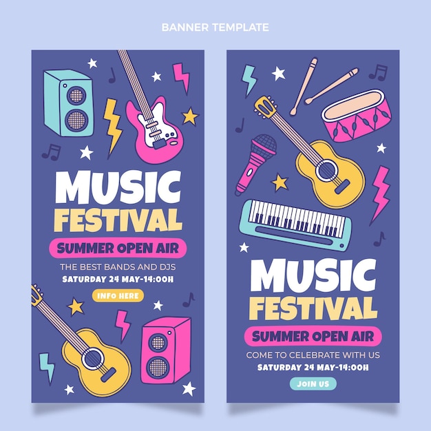 Hand drawn colorful music festival banners vertical