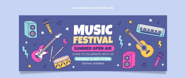 Hand drawn colorful music festival facebook cover