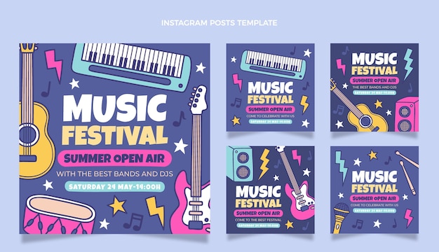 Hand drawn colorful music festival ig post