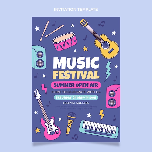 Hand drawn colorful music festival invitation