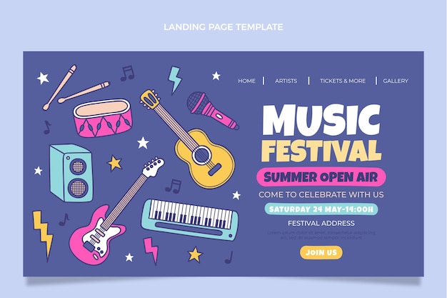 Hand drawn colorful music festival landing page