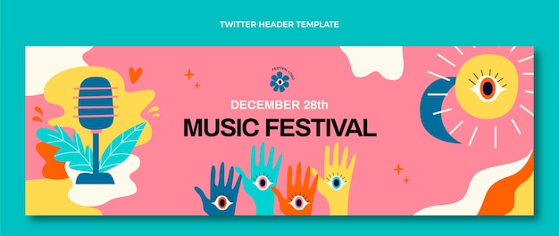 Hand drawn colorful music festival twitter header