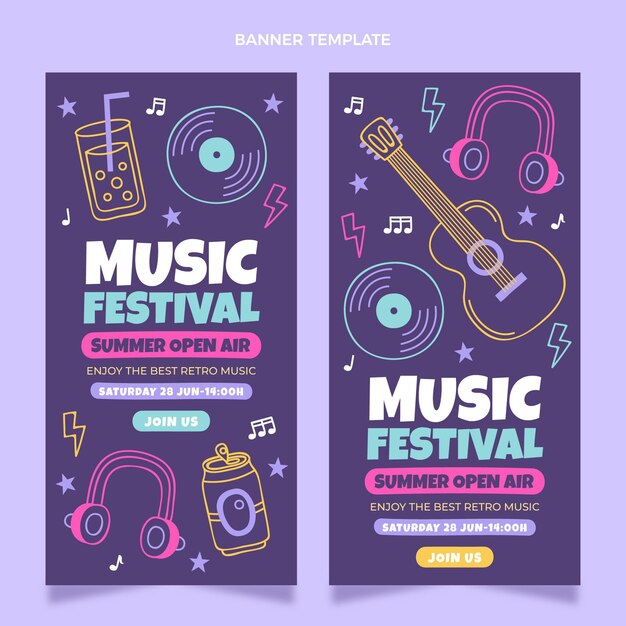 Hand drawn colorful music festival vertical banners