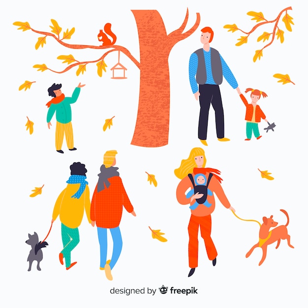 Hand drawn colorful people in autumn season