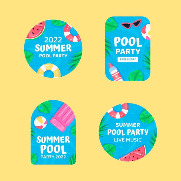 Hand drawn colorful pool party labels