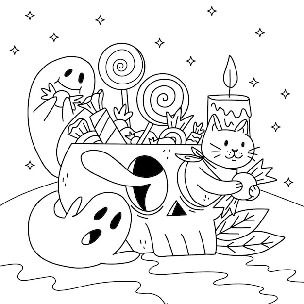 Hand drawn coloring page illustration for halloween celebration