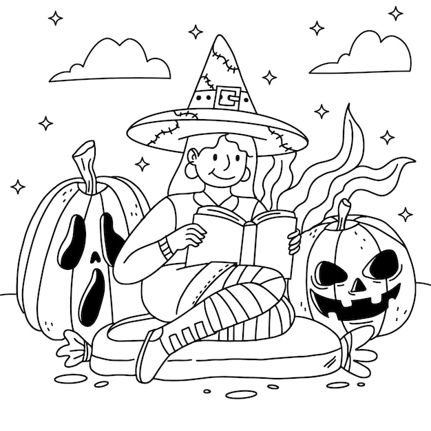 Free vector hand drawn coloring page illustration for halloween celebration