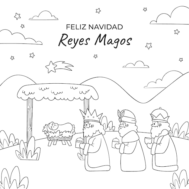 Free Vector hand drawn coloring page illustration for reyes magos