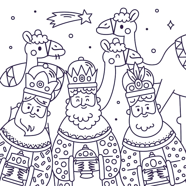 Hand drawn coloring page illustration for reyes magos