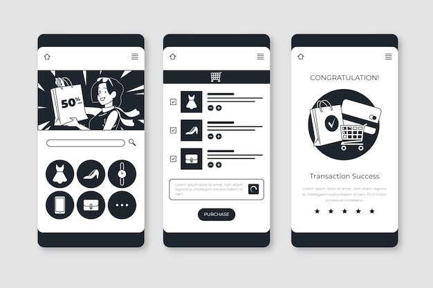 Hand drawn colorless apps in flat design