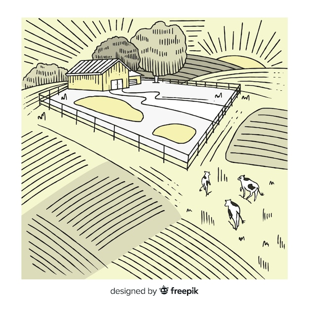 Free Vector hand drawn colorless farm landscape