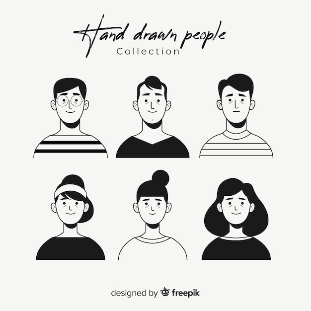 Hand drawn colorless people avatar collection