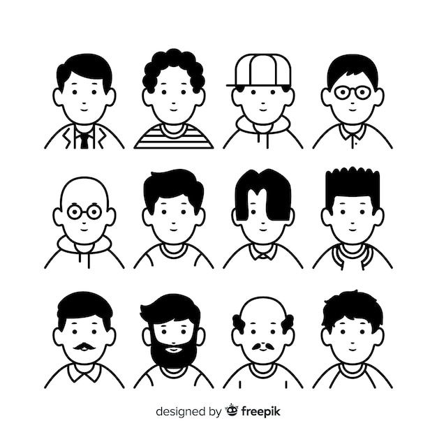 Hand drawn colorless people avatar collection