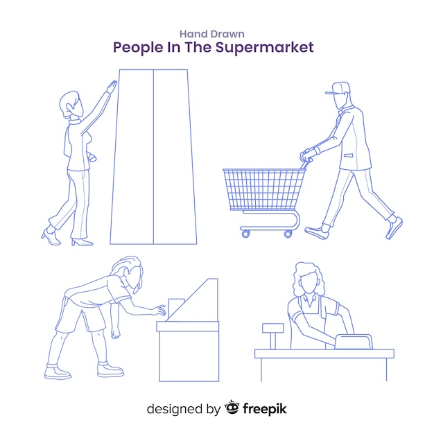 Free Vector hand drawn colorless people in the supermarket pack