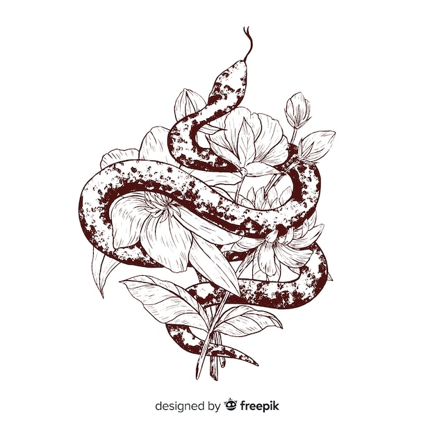 Hand drawn colorless snake with flowers background